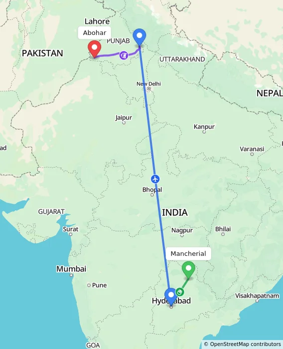 Route map showing distance and travel time from Mancherial, India to Abohar, India