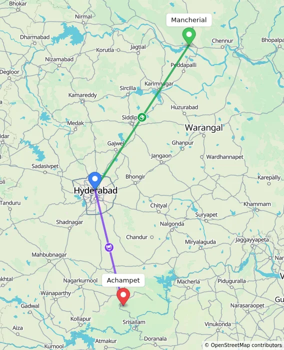 Route map showing distance and travel time from Mancherial, India to Achampet, India