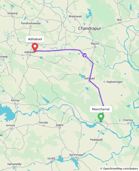 Route map showing distance and travel time from Mancherial, India to Adilabad, India