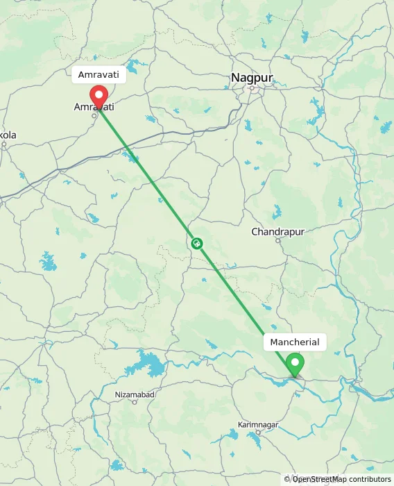 Route map showing distance and travel time from Mancherial, India to Amravati, India