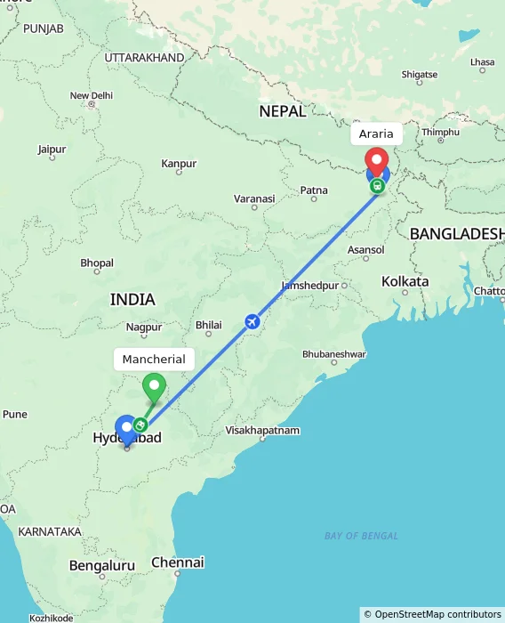 Route map showing distance and travel time from Mancherial, India to Araria, India