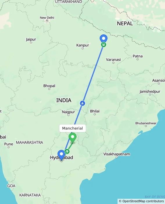Route map showing distance and travel time from Mancherial, India to Ayodhya, India