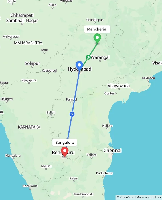 Route map showing distance and travel time from Mancherial, India to Bangalore, India