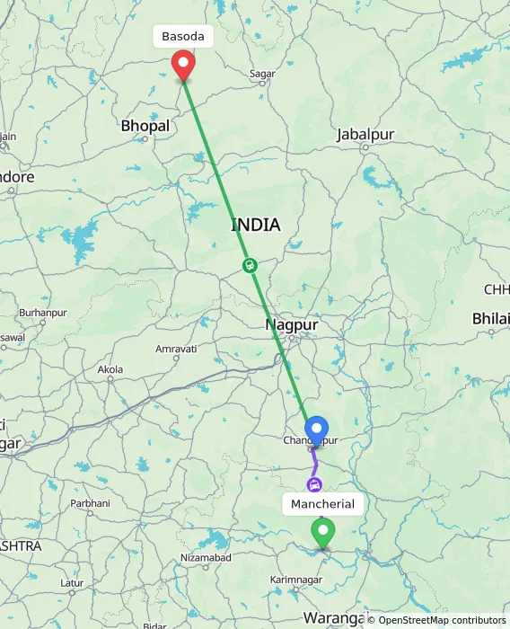 Route map showing distance and travel time from Mancherial, India to Basoda, India