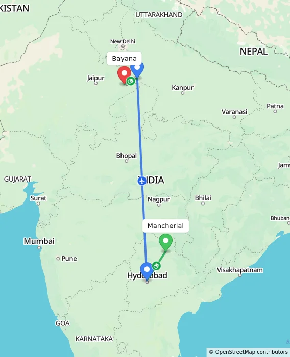 Route map showing distance and travel time from Mancherial, India to Bayana, India