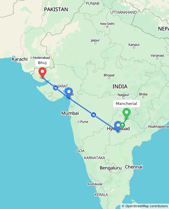 Route map showing distance and travel time from Mancherial, India to Bhuj, India