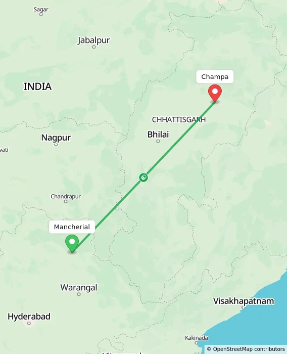 Route map showing distance and travel time from Mancherial, India to Champa, India