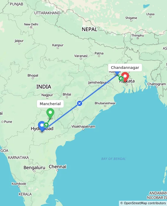 Route map showing distance and travel time from Mancherial, India to Chandannagar, India