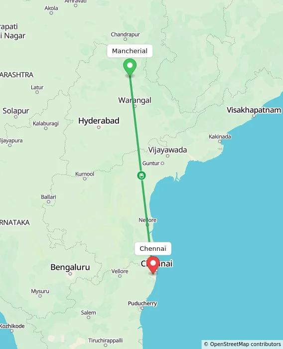 Route map showing distance and travel time from Mancherial, India to Chennai, India