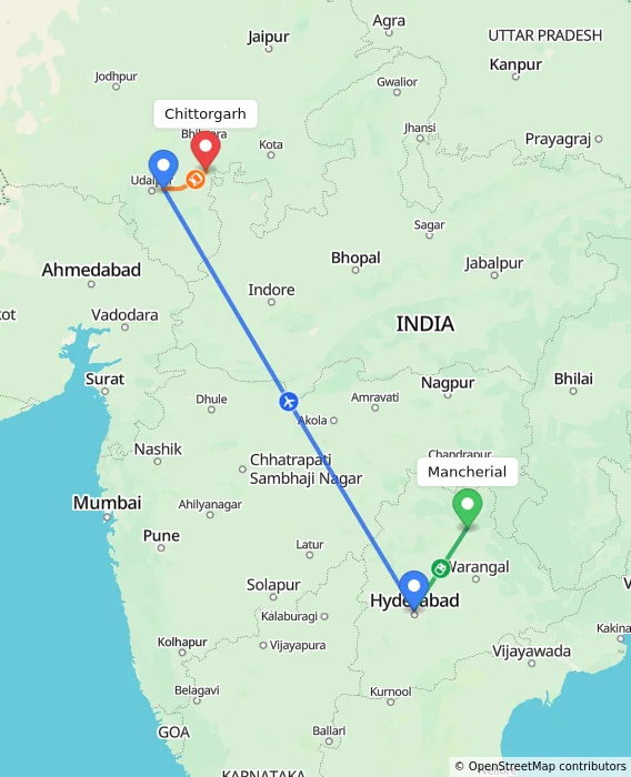 Route map showing distance and travel time from Mancherial, India to Chittorgarh, India
