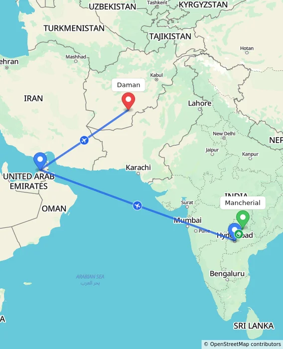 Route map showing distance and travel time from Mancherial, India to Daman, Afghanistan