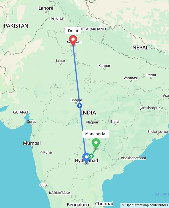 Route map showing distance and travel time from Mancherial, India to Delhi, India