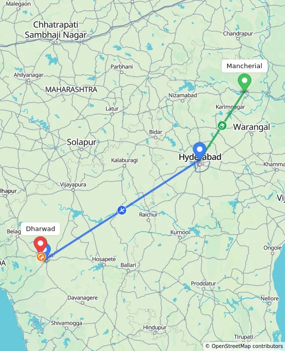 Route map showing distance and travel time from Mancherial, India to Dharwad, India