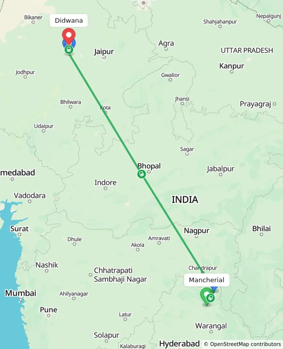 Route map showing distance and travel time from Mancherial, India to Didwana, India