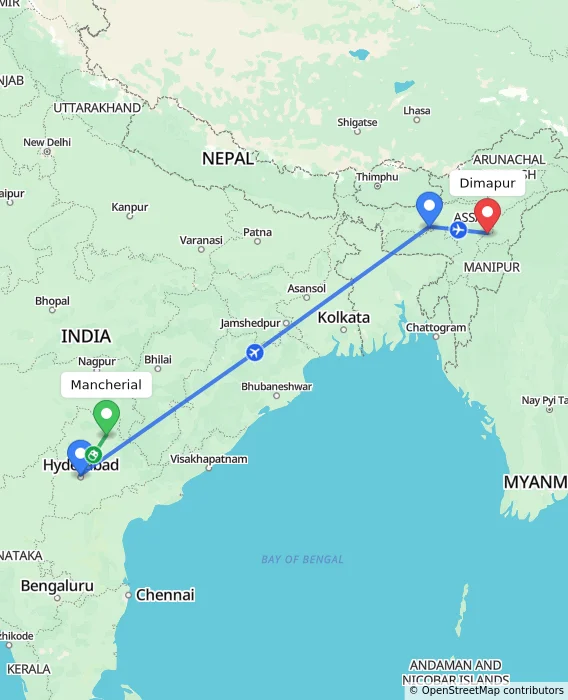 Route map showing distance and travel time from Mancherial, India to Dimapur, India