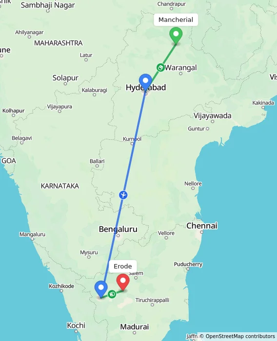 Route map showing distance and travel time from Mancherial, India to Erode, India