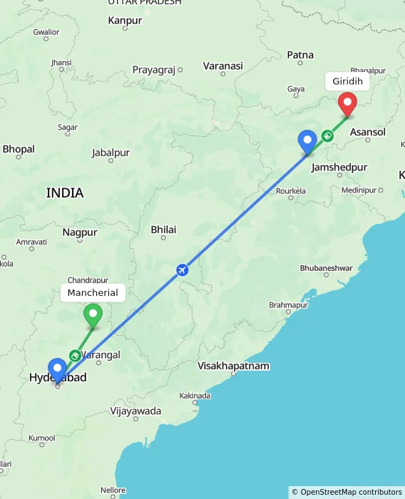 Route map showing distance and travel time from Mancherial, India to Giridih, India