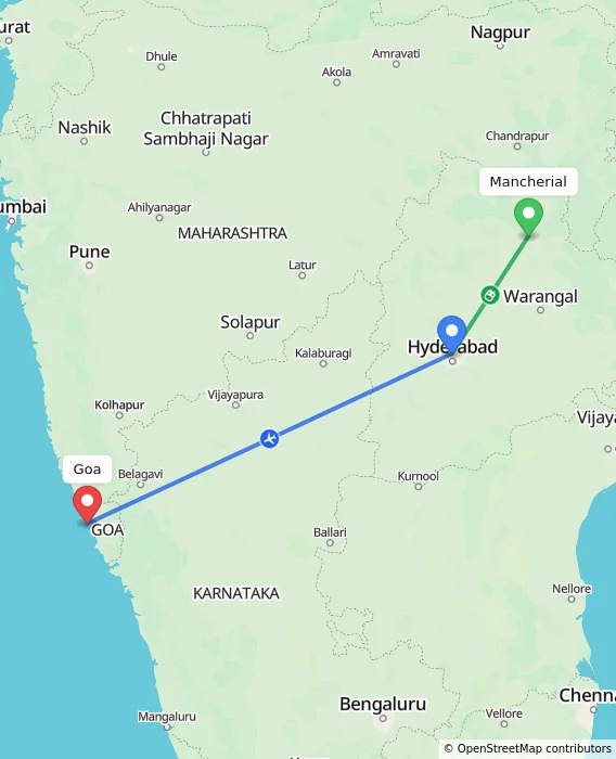Route map showing distance and travel time from Mancherial, India to Goa, India