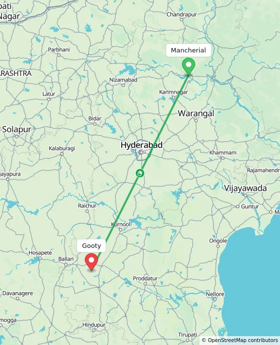 Route map showing distance and travel time from Mancherial, India to Gooty, India
