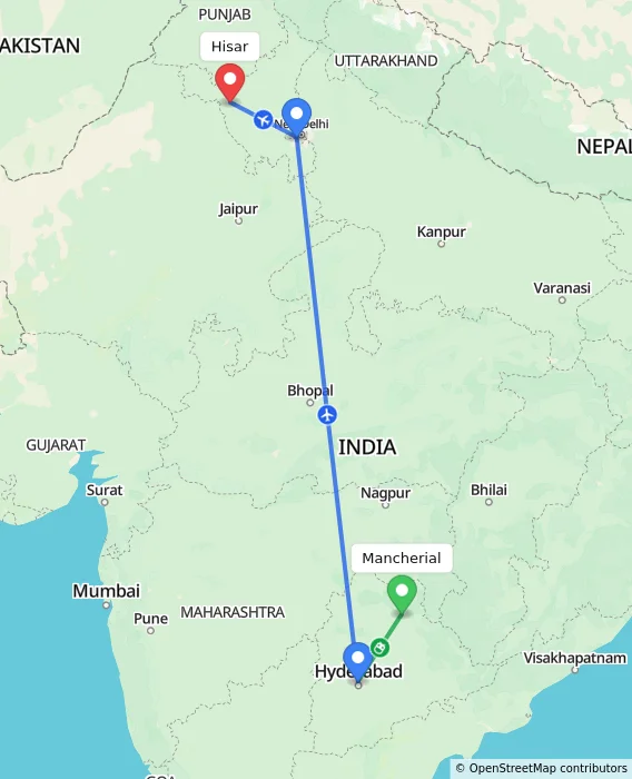 Route map showing distance and travel time from Mancherial, India to Hisar, India