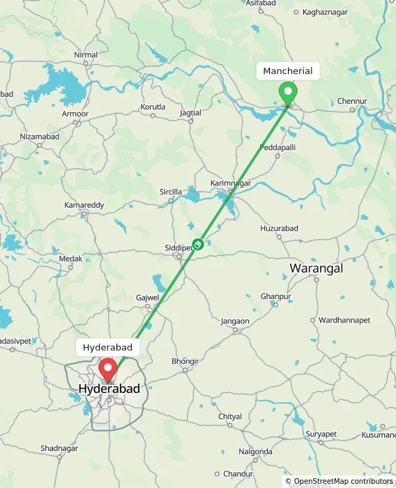 Route map showing distance and travel time from Mancherial, India to Hyderabad, India