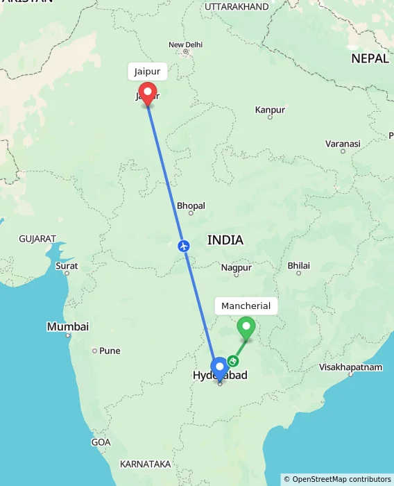 Route map showing distance and travel time from Mancherial, India to Jaipur, India