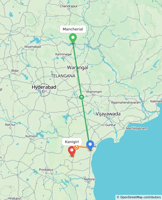 Route map showing distance and travel time from Mancherial, India to Kanigiri, India