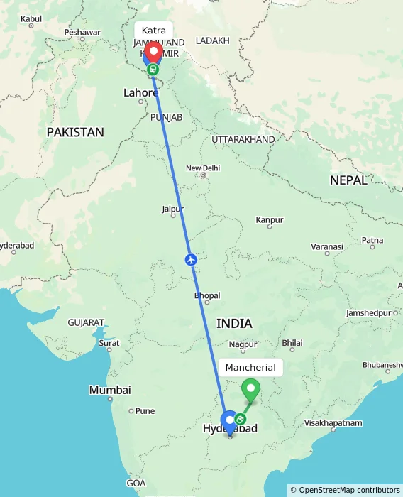 Route map showing distance and travel time from Mancherial, India to Katra, India