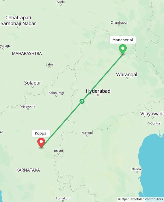 Route map showing distance and travel time from Mancherial, India to Koppal, India