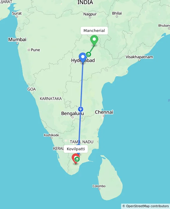 Route map showing distance and travel time from Mancherial, India to Kovilpatti, India