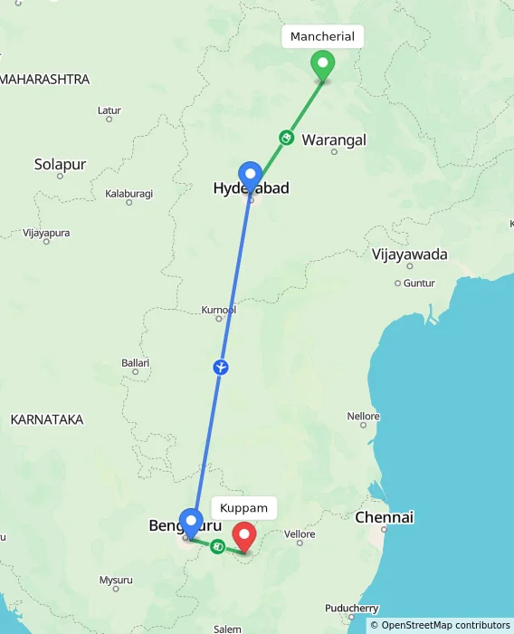 Route map showing distance and travel time from Mancherial, India to Kuppam, India