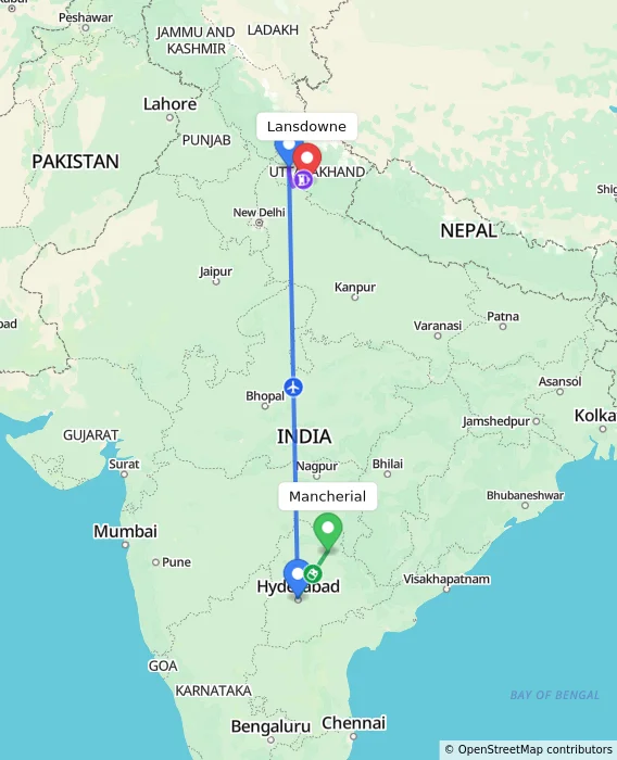 Route map showing distance and travel time from Mancherial, India to Lansdowne, India