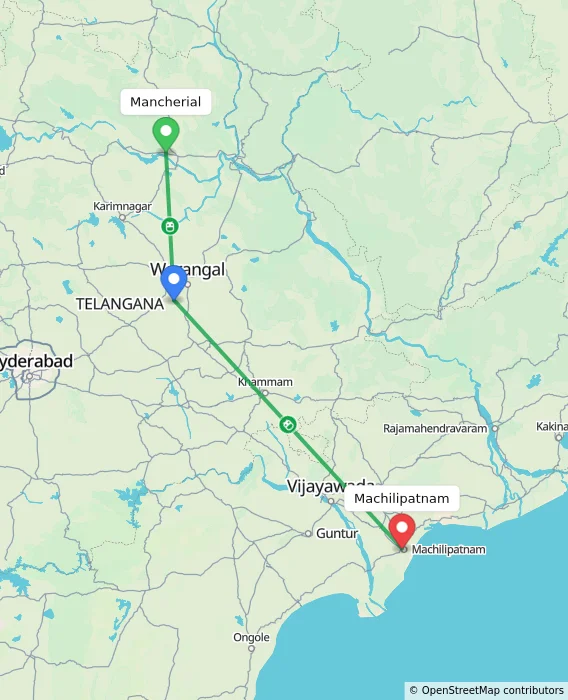 Route map showing distance and travel time from Mancherial, India to Machilipatnam, India
