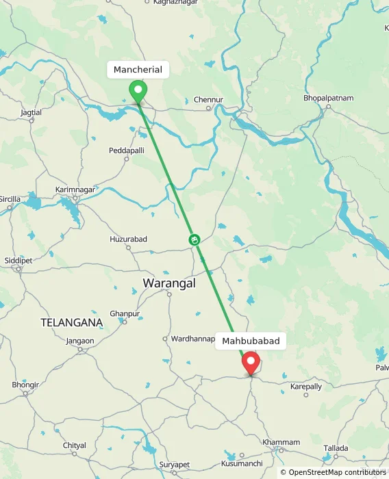 Route map showing distance and travel time from Mancherial, India to Mahbubabad, India