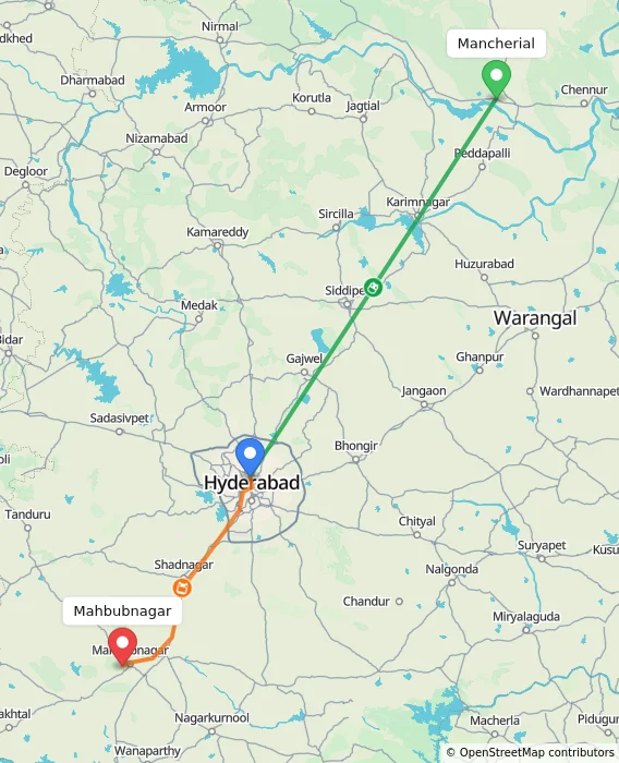 Route map showing distance and travel time from Mancherial, India to Mahbubnagar, India