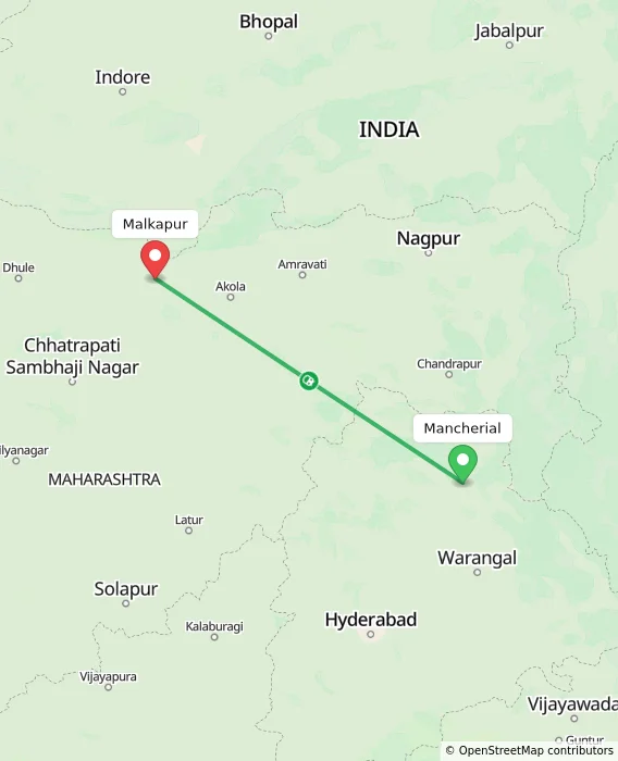Route map showing distance and travel time from Mancherial, India to Malkapur, India