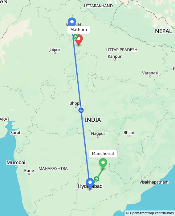 Route map showing distance and travel time from Mancherial, India to Mathura, India