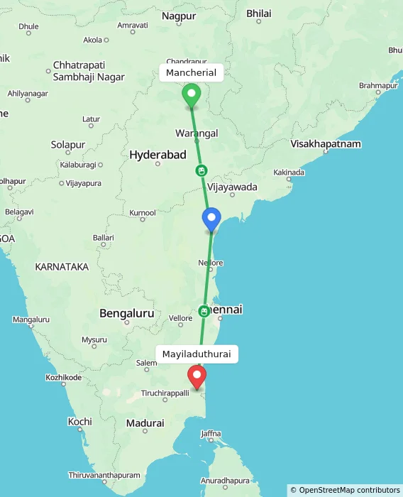 Route map showing distance and travel time from Mancherial, India to Mayiladuthurai, India