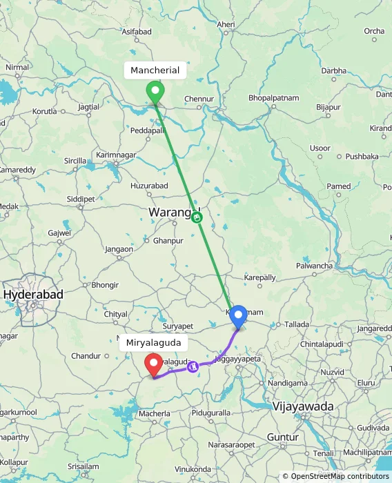 Route map showing distance and travel time from Mancherial, India to Miryalaguda, India