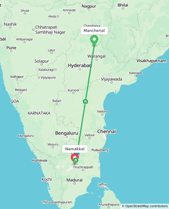 Route map showing distance and travel time from Mancherial, India to Namakkal, India