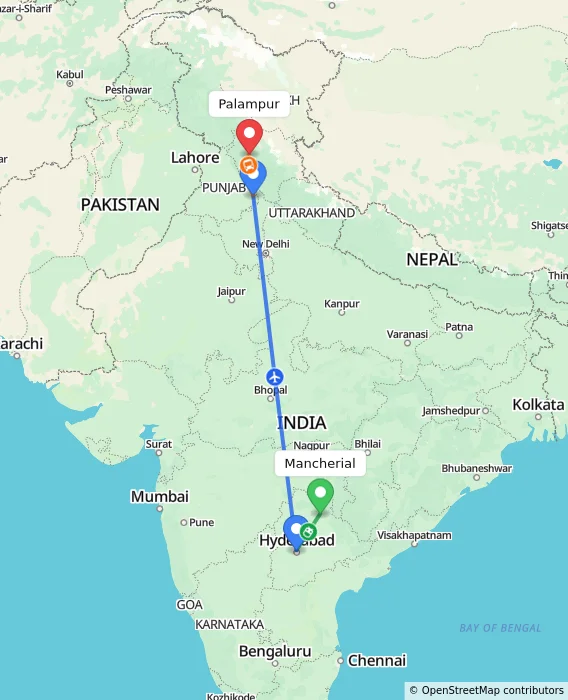 Route map showing distance and travel time from Mancherial, India to Palampur, India