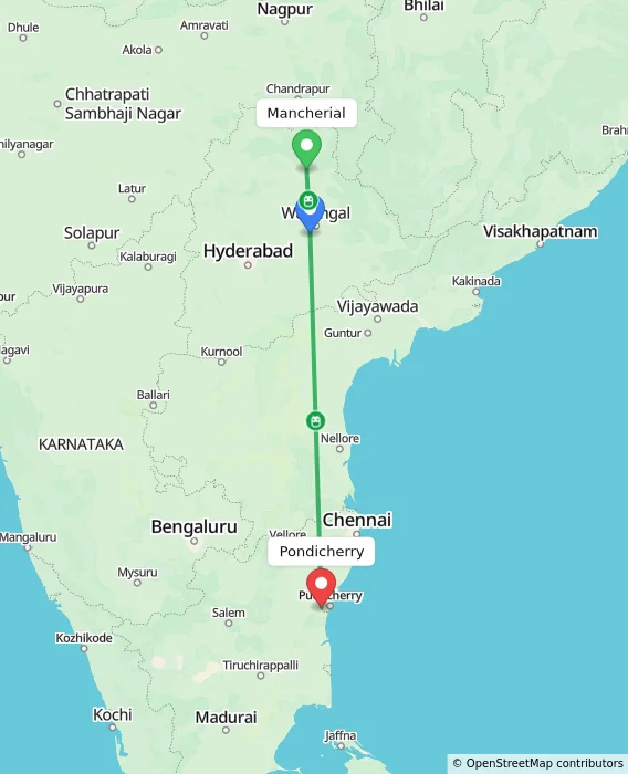 Route map showing distance and travel time from Mancherial, India to Puducherry, India