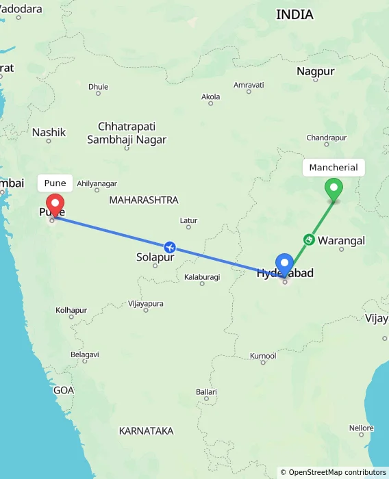 Route map showing distance and travel time from Mancherial, India to Pune, India