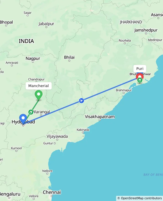 Route map showing distance and travel time from Mancherial, India to Puri, India