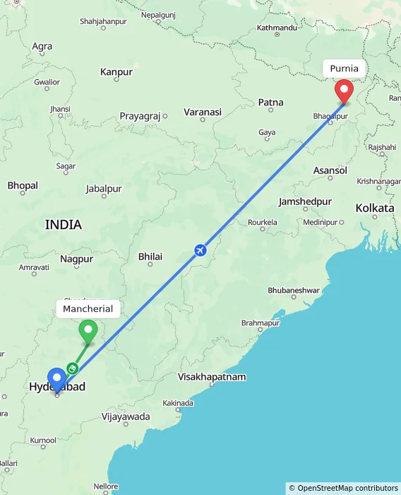Route map showing distance and travel time from Mancherial, India to Purnia, India