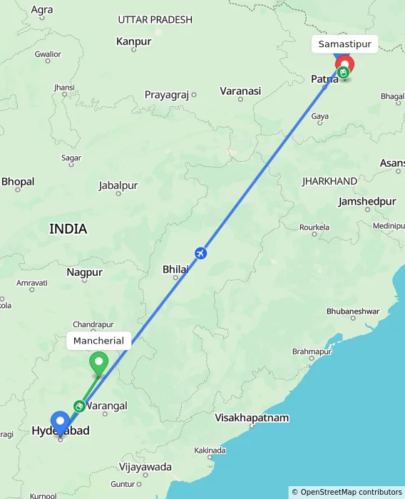 Route map showing distance and travel time from Mancherial, India to Samastipur, India