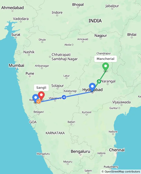 Route map showing distance and travel time from Mancherial, India to Sangli, India