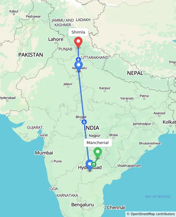Route map showing distance and travel time from Mancherial, India to Shimla, India
