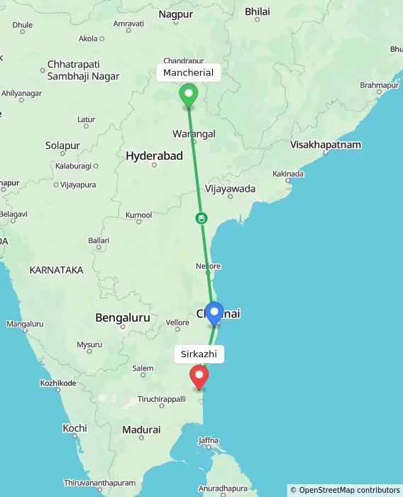 Route map showing distance and travel time from Mancherial, India to Sirkazhi, India