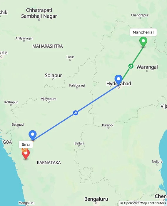 Route map showing distance and travel time from Mancherial, India to Sirsi, India
